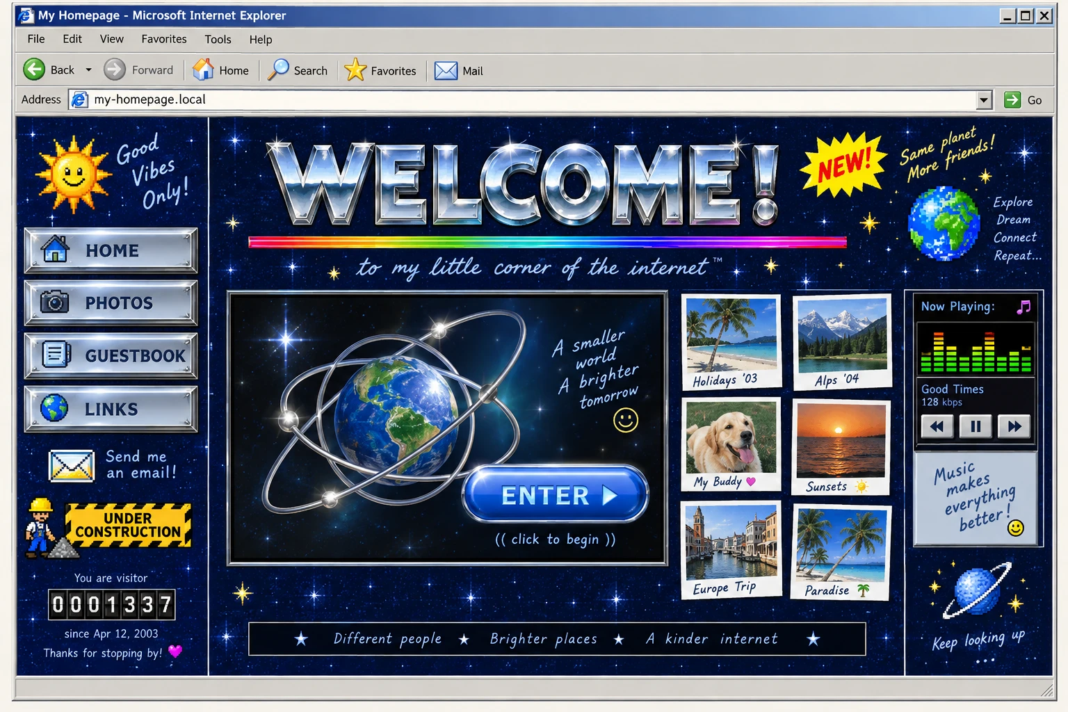 Nostalgic website with chrome menus, a visitor counter and a guestbook in an old browser window.