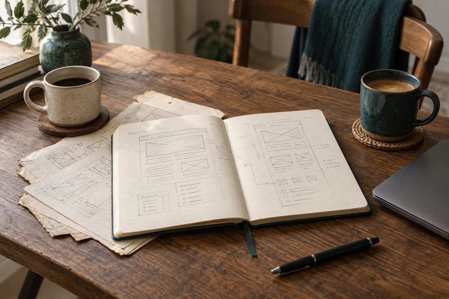 An open notebook with website sketches and two coffee cups on a worktable.