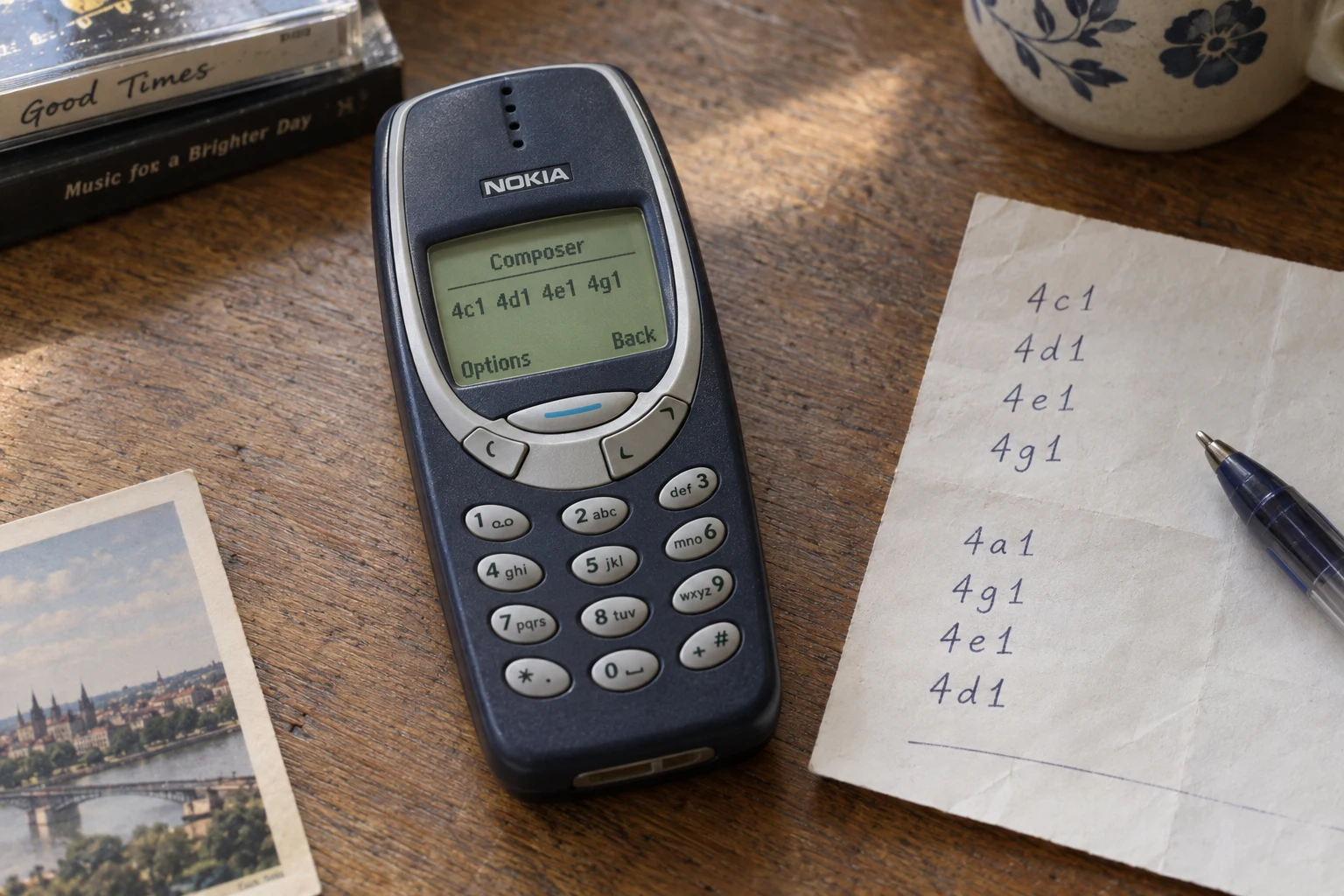 Nokia 3310 with a ringtone composer and handwritten note codes.